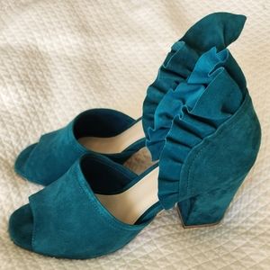 Seychelles Teal Ruffle Suede Block Heels